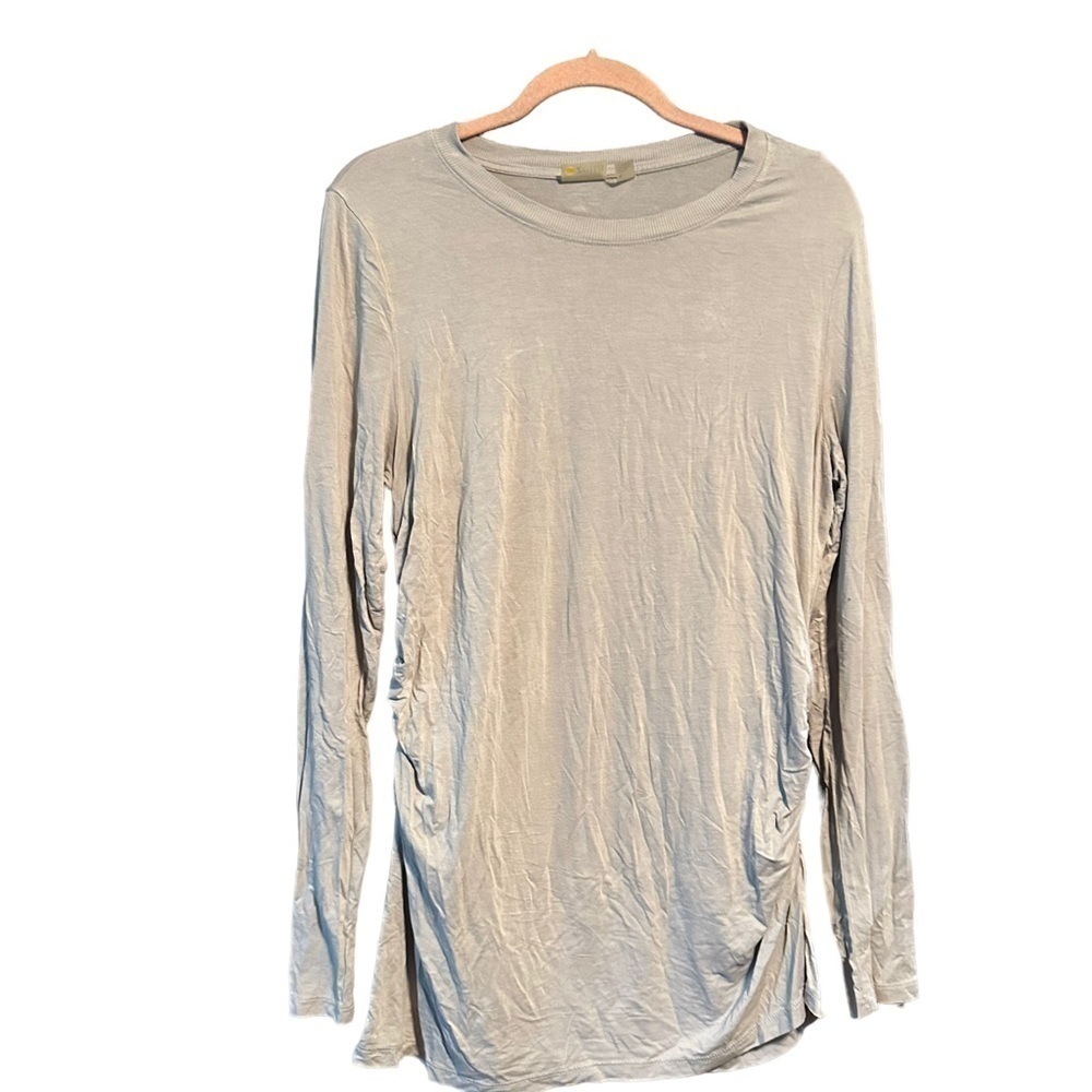 Zella gray shirt cinched sides stretch large rayon spandex blend long sleeve